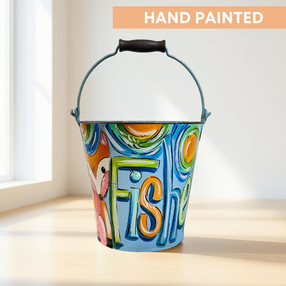 Personalized Easter Bucket Fox Design Hand Painted Custom Basket Kids Name Blue Container Metal Pail Toddler Gift Holiday Storage Special Keepsake Spring Celebration Unique Present Handcrafted Quality Easter Tradition Animal Theme Cute