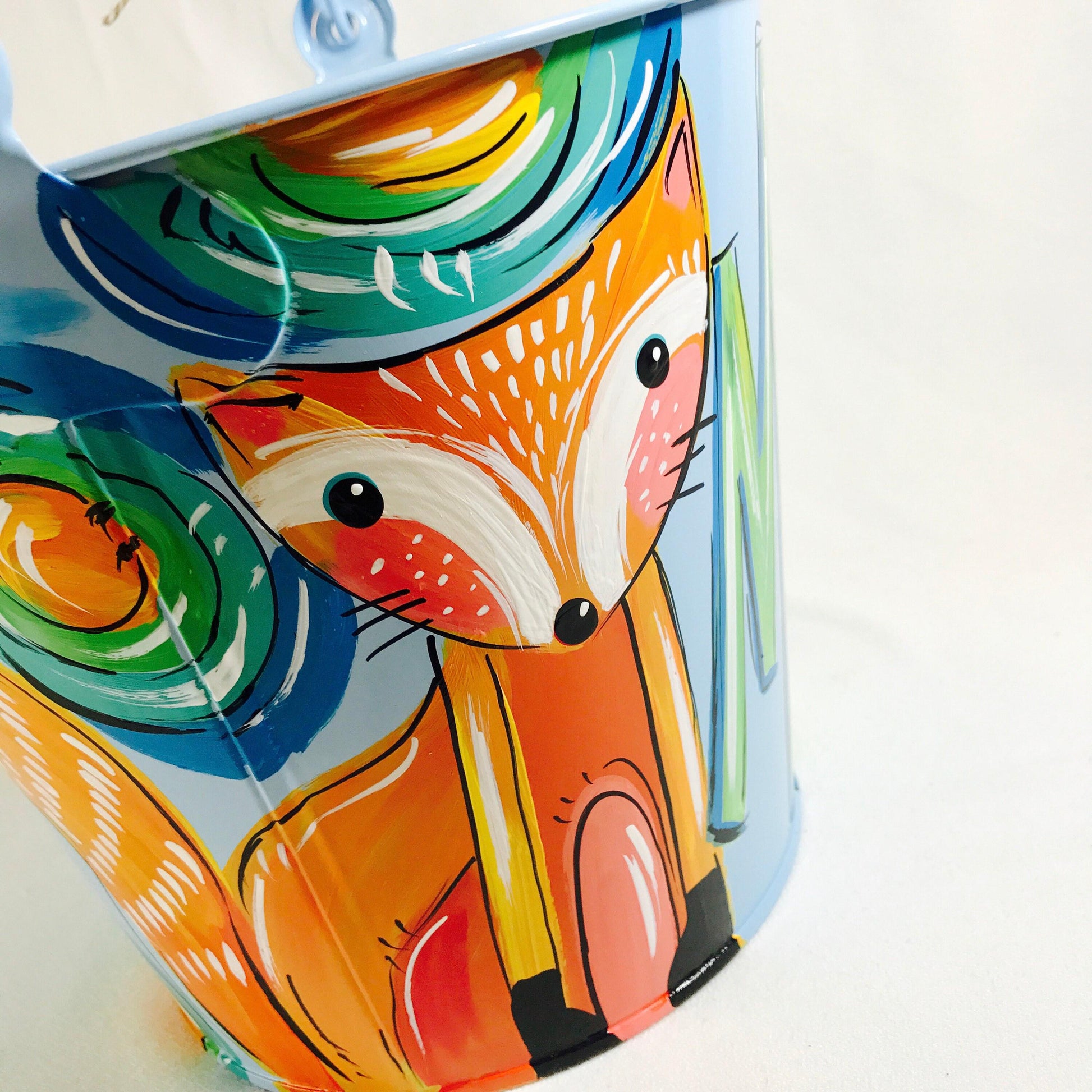 Custom Name Bucket Easter Fox Design Personalized Gift Toddler Present Hand Painted Container Blue Storage Solution Holiday Keepsake Special Memory Maker Unique Handcrafted Quality Metal Pail Easter Celebration Spring Tradition Animal Theme