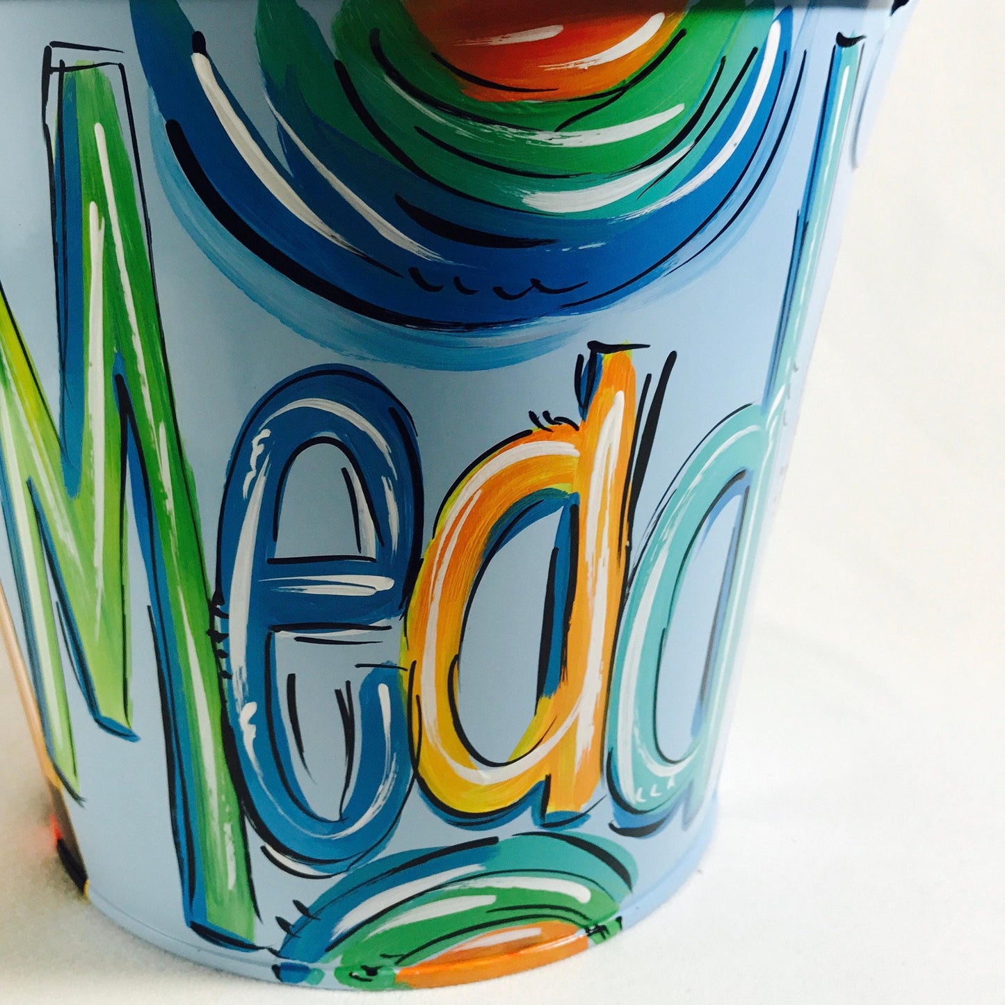 Blue Easter Container Personalized Fox Design Custom Name Bucket Hand Painted Storage Solution Toddler Gift Special Present Holiday Keepsake Metal Pail Durable Construction Handcrafted Quality Unique Item Easter Celebration Spring Tradition