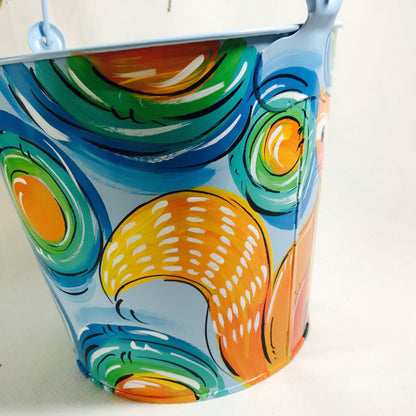 Fox Theme Easter Bucket Personalized Name Container Hand Painted Custom Design Blue Metal Pail Storage Solution Toddler Gift Holiday Present Special Keepsake Handcrafted Quality Unique Item Easter Celebration Spring Tradition Memory Maker