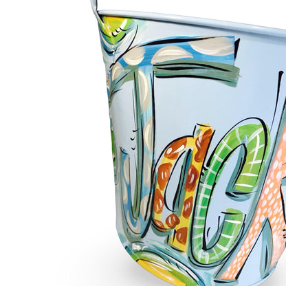 Custom Easter Gift Personalized Metal Bucket Hand Painted Design Boy Name Customized Blue Pail Durable Construction Easter Egg Hunt Basket Candy Collection Container Toddler Present Idea Special Holiday Keepsake Storage Solution Versatile