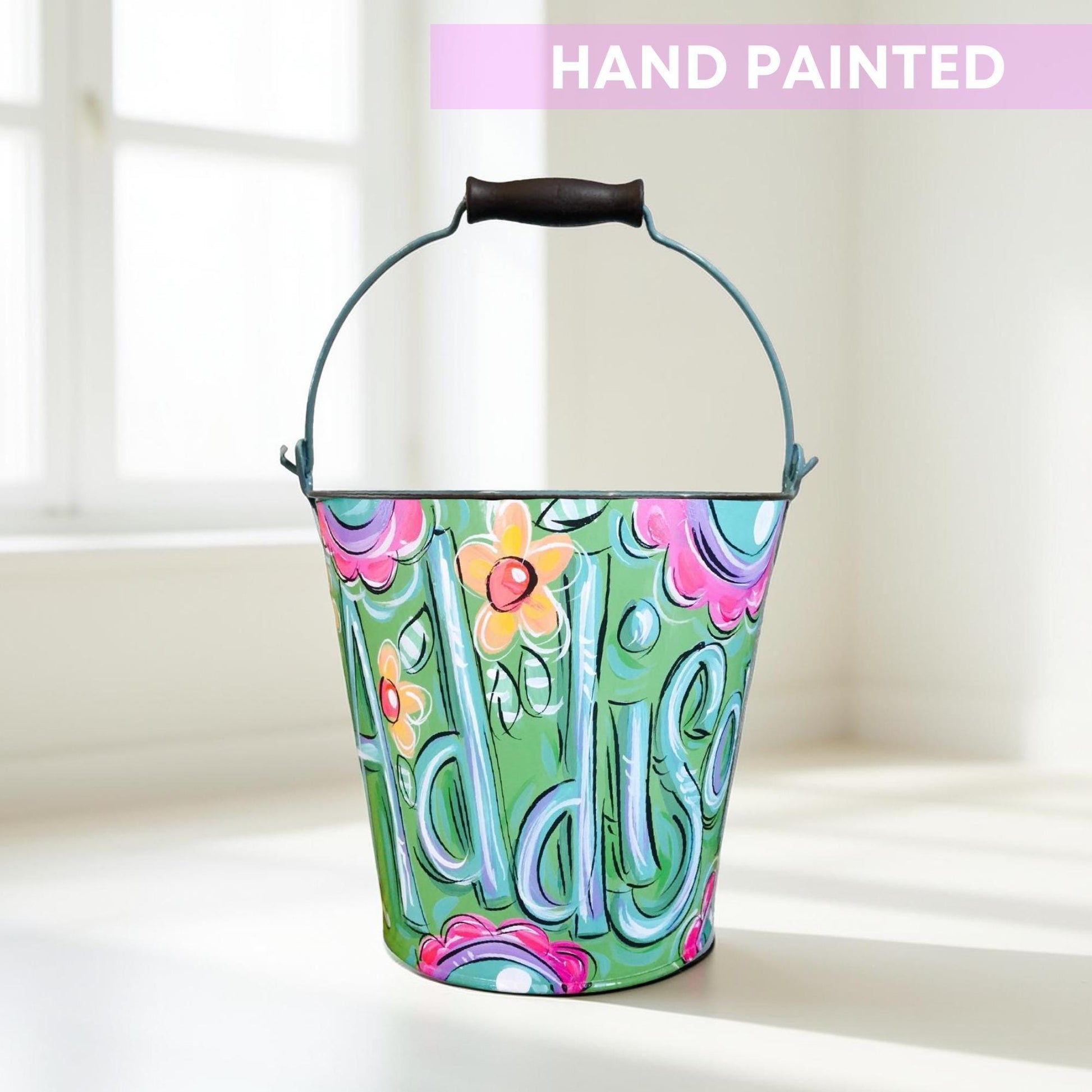 Personalized Easter Bucket Hand Painted Metal Pail Custom Name Green Floral Design Easter Basket Alternative Unique Holiday Gift Children Storage Solution Decorative Container Spring Celebration Essential Customizable Text Option Durable