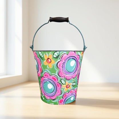 Hand Painted Metal Bucket Personalized Storage Solution Green Floral Design Custom Name Container Decorative Easter Pail Children Gift Idea Versatile Organization System Colorful Display Piece Spring Holiday Essential Durable Construction