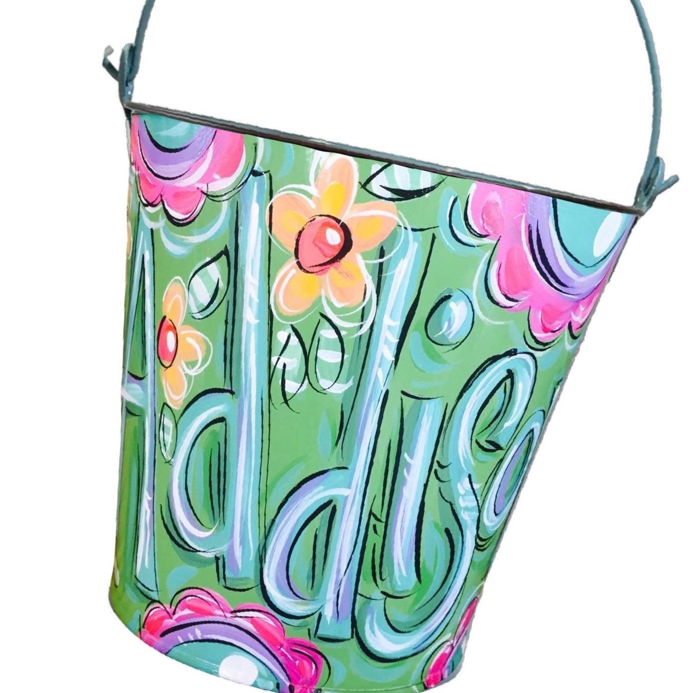 Green Floral Bucket Hand Painted Design Personalized Metal Pail Custom Name Container Easter Basket Alternative Storage Solution Decorative Piece Children Gift Idea Spring Holiday Essential Versatile Organization System Colorful Display