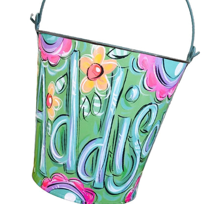 Green Floral Bucket Hand Painted Design Personalized Metal Pail Custom Name Container Easter Basket Alternative Storage Solution Decorative Piece Children Gift Idea Spring Holiday Essential Versatile Organization System Colorful Display