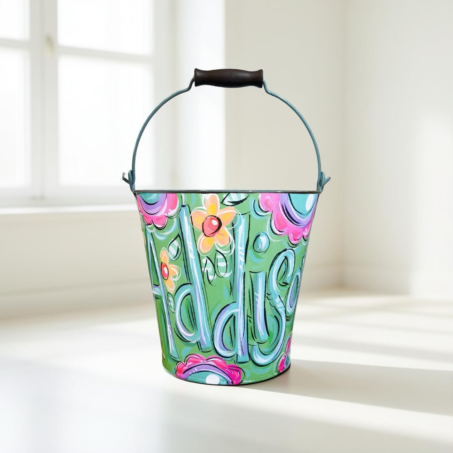 Metal Easter Pail Personalized Design Hand Painted Bucket Custom Name Option Green Floral Pattern Decorative Storage Container Children Gift Idea Versatile Organization Solution Spring Holiday Essential Durable Construction Quality Artistic