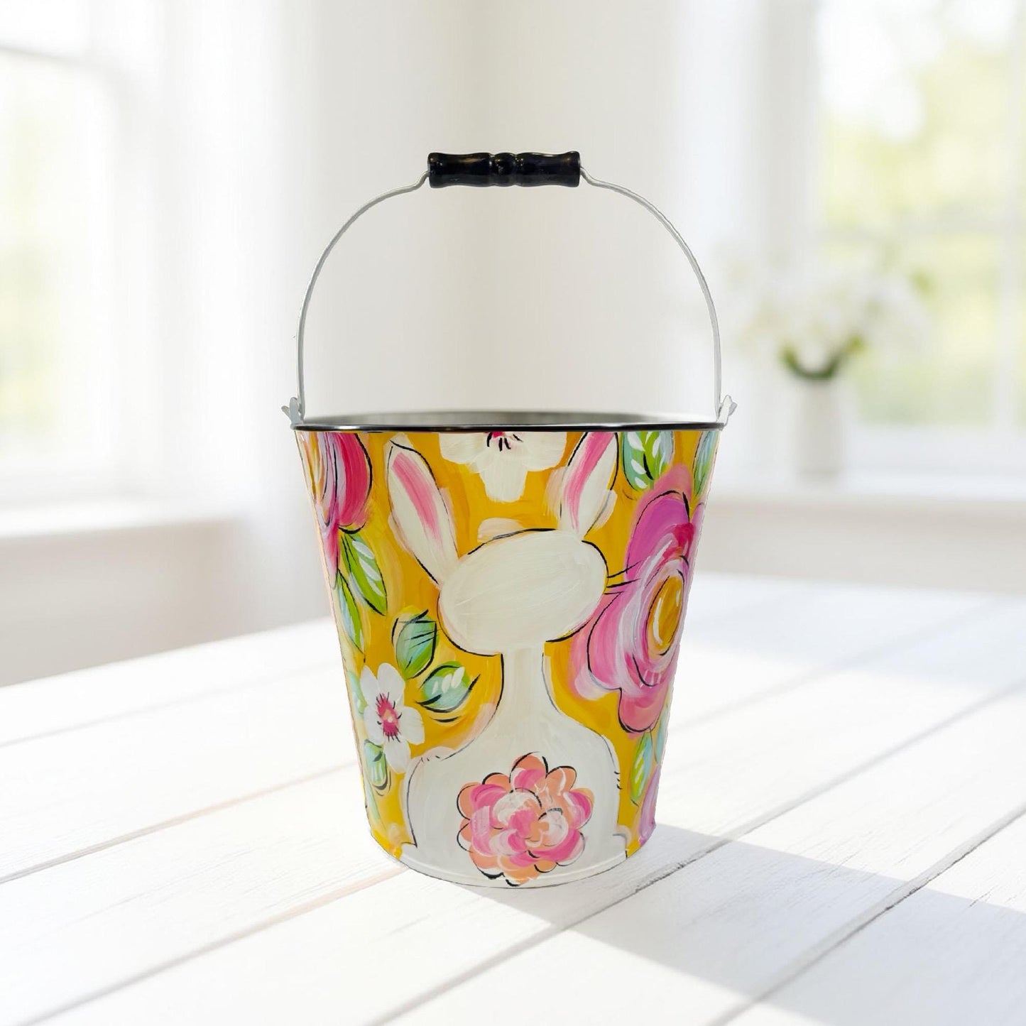 Custom Name Bucket Personalized Easter Container Hand Painted Design Special Gift Idea Pink Decoration Metal Pail Easter Basket Alternative Holiday Storage Solution Unique Children Present Customized Keepsake Item Beautiful Spring