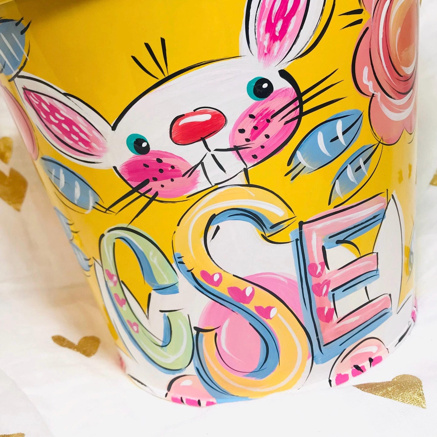 Easter Basket Alternative Personalized Metal Bucket Hand Painted Design Custom Name Feature Pink Decoration Holiday Gift Idea Children Storage Solution Decorative Container Option Beautiful Spring Essential Customized Easter Present Special