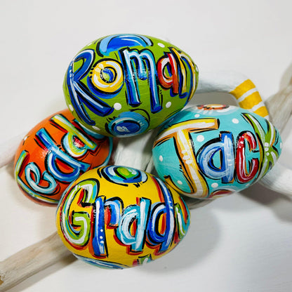 Personalized Gift Child Keepsake Easter Egg Creation Custom Name Design Handpainted Decoration Spring Holiday Celebration Paper Mache Construction Lightweight Easter Basket Addition Unique Handcrafted Present Special Memory Item Colorful