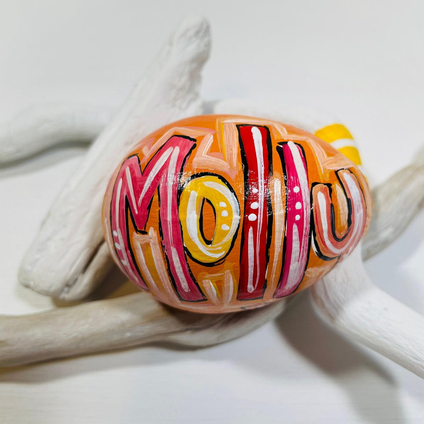 Spring Mantel Display Easter Egg Decoration Handpainted Custom Design Personalized Name Feature Paper Mache Construction Lightweight Holiday Item Easter Basket Addition Unique Handcrafted Creation Special Child Keepsake Colorful Easter