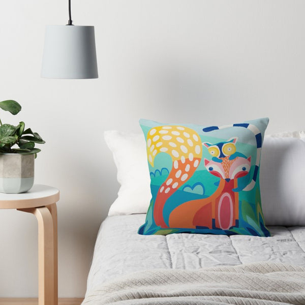 Throw Pillow, 'Pals, Fox & Lemur' with Background