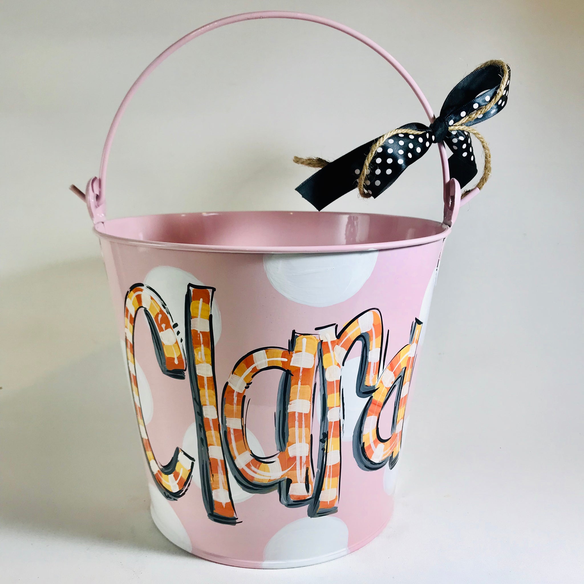 PAIL, Halloween  'Candy Corn' Font on Pink Metal Pail