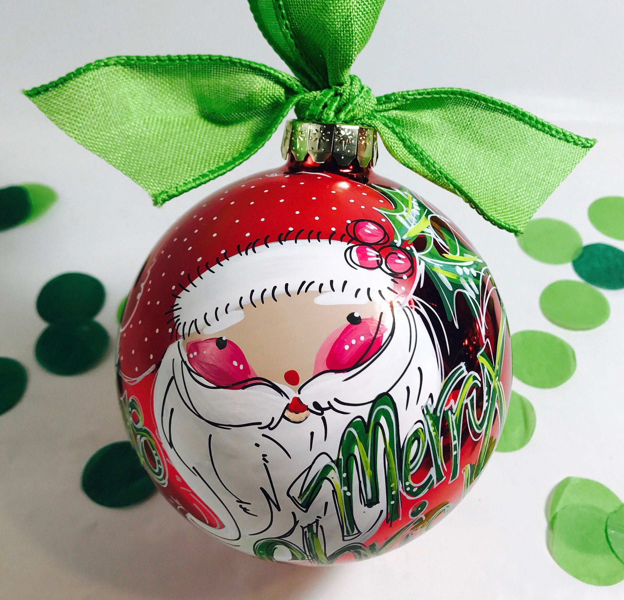 Orders Placed after 11/17 will Arrive after Christmas. ORNAMENT, PERSONALIZED SANTA on Shiny Red Holiday Ball