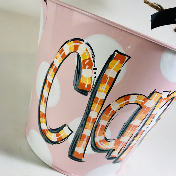 PAIL, Halloween  'Candy Corn' Font on Pink Metal Pail