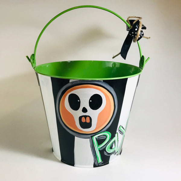 PAIL, Halloween, Skull on Green Bucket