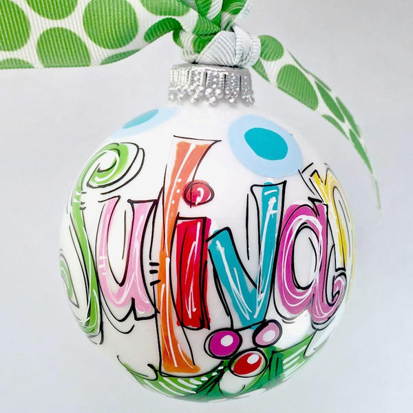 Color-filled name ornament, hand painted and personalized, monogrammed 